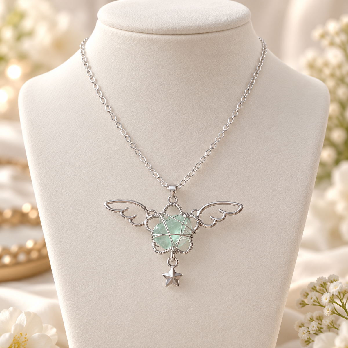Dwellaroq® Angel Wing Green Crystal Star Pendant Necklace for Women