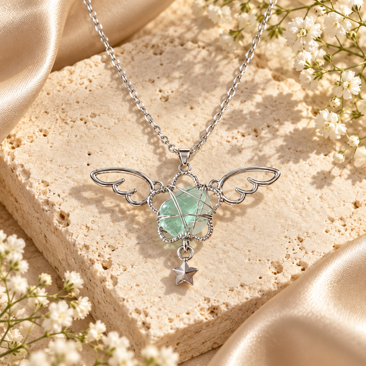 Dwellaroq® Angel Wing Green Crystal Star Pendant Necklace for Women