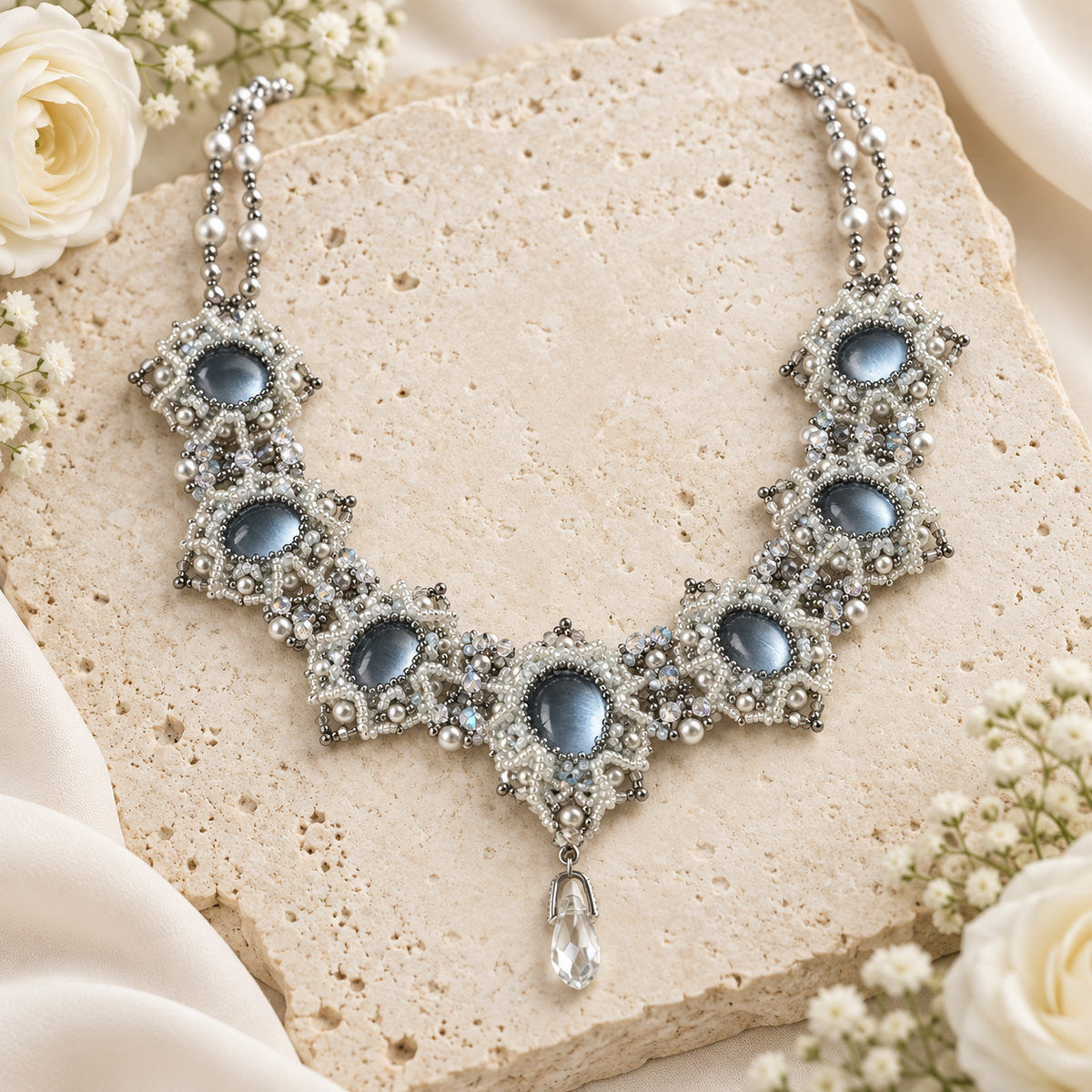 Dwellaroq® Blue Crystal Pearl Statement Necklace for Women