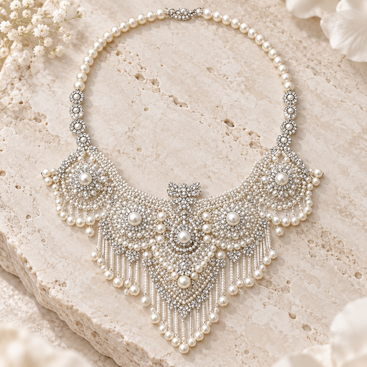 Dwellaroq® Pearl Crystal Statement Bib Necklace for Women