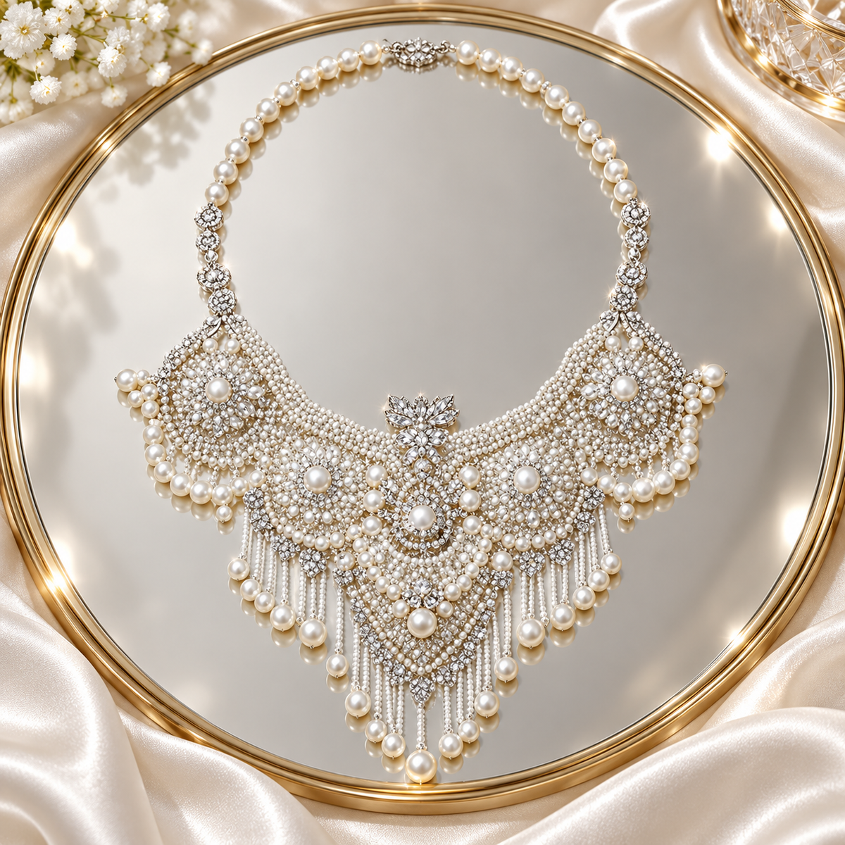 Dwellaroq® Pearl Crystal Statement Bib Necklace for Women