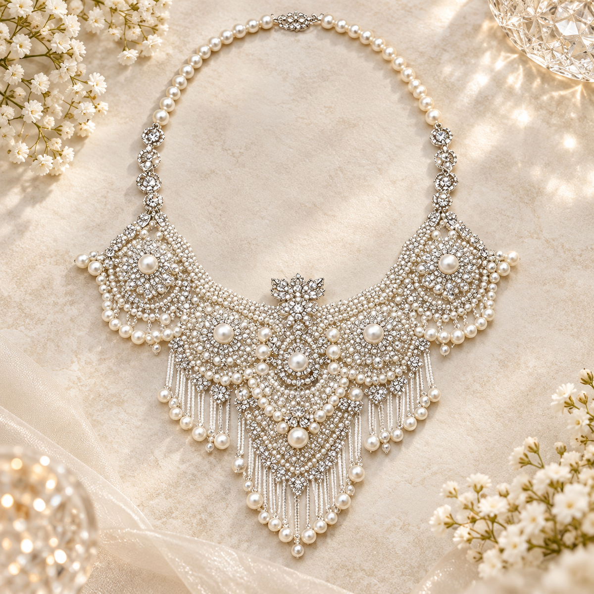 Dwellaroq® Pearl Crystal Statement Bib Necklace for Women