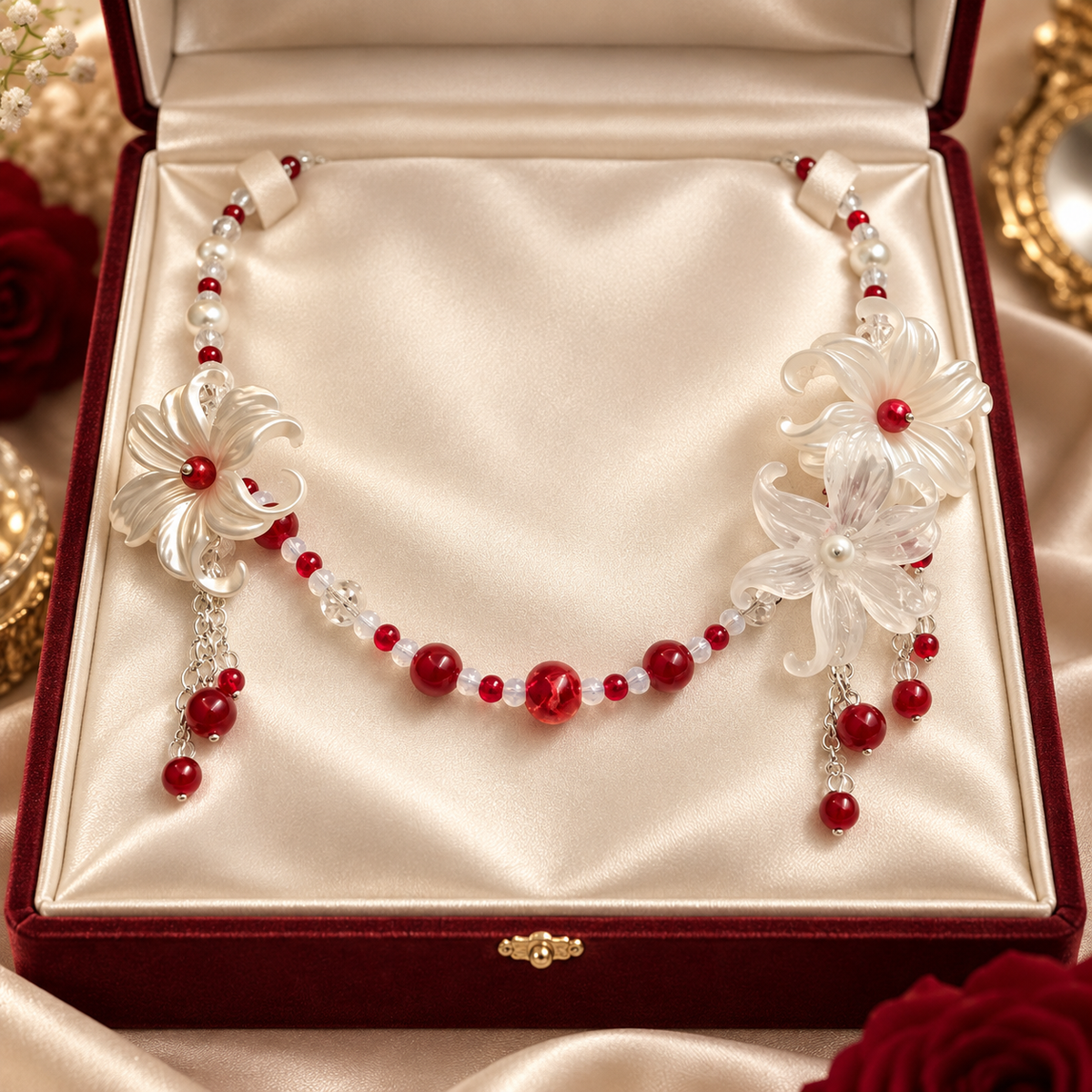 Dwellaroq® Red Beaded Floral Statement Necklace for Women