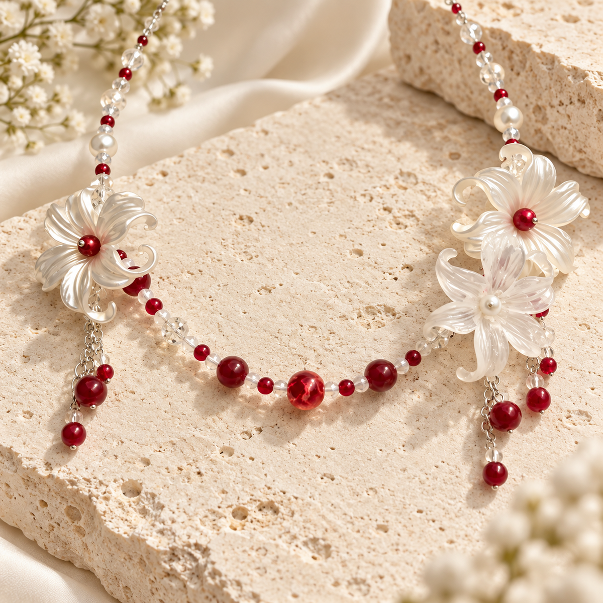 Dwellaroq® Red Beaded Floral Statement Necklace for Women