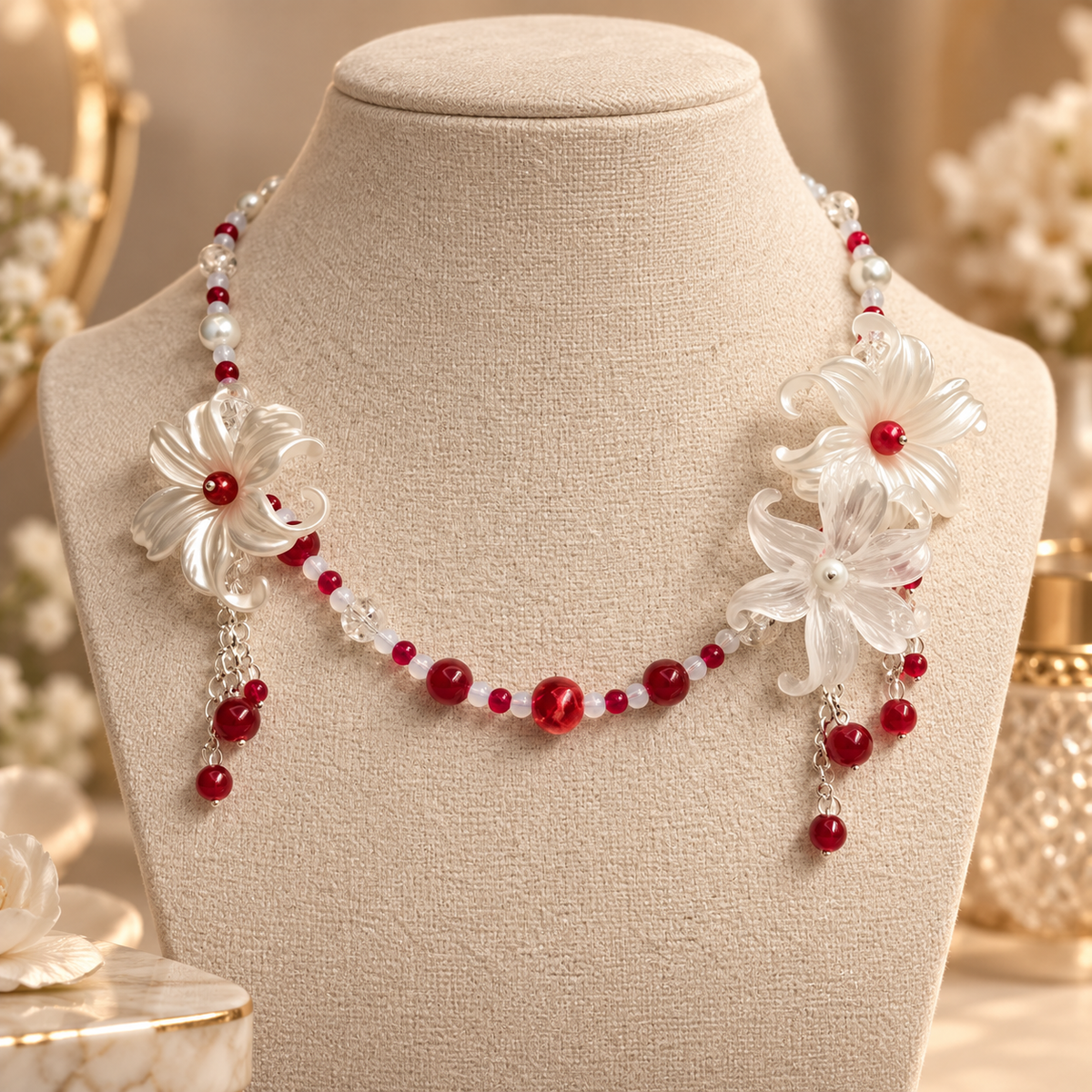 Dwellaroq® Red Beaded Floral Statement Necklace for Women