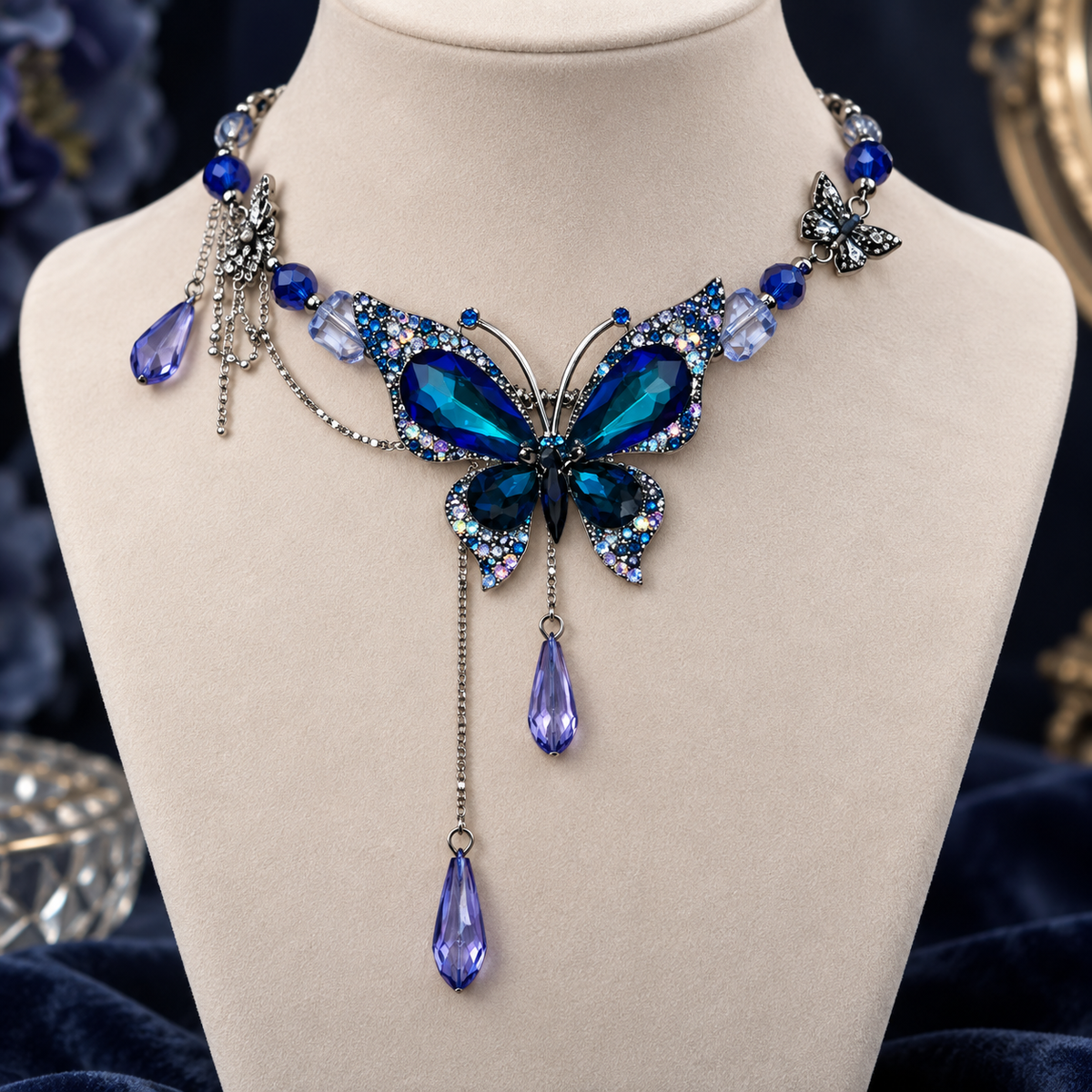 Dwellaroq® Blue Butterfly Crystal Statement Necklace for Women