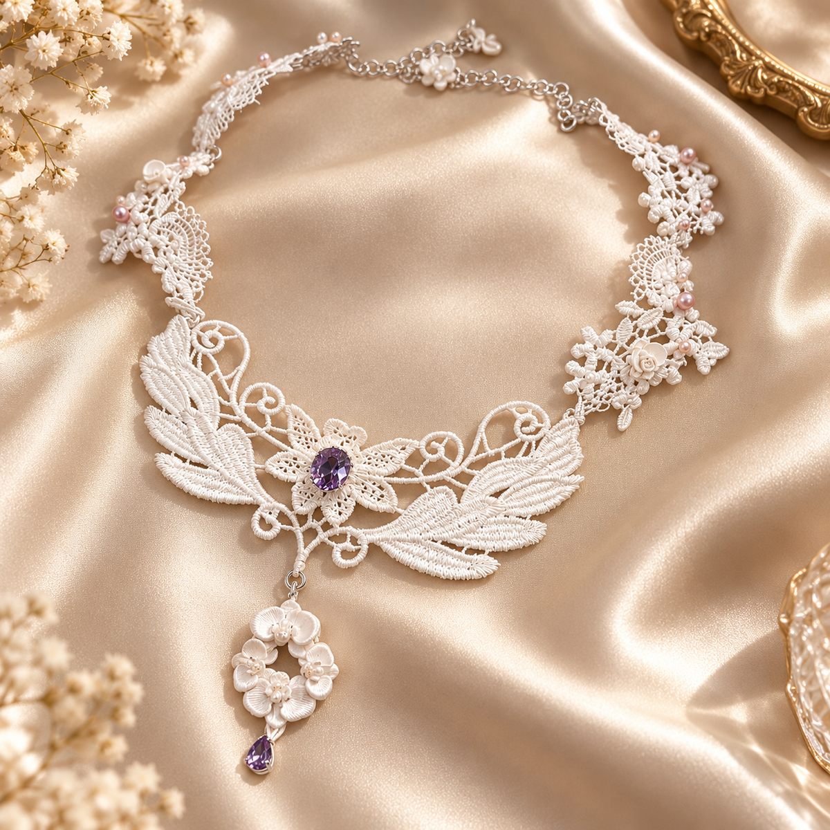 Dwellaroq® White Lace Floral Purple Crystal Statement Necklace for Women