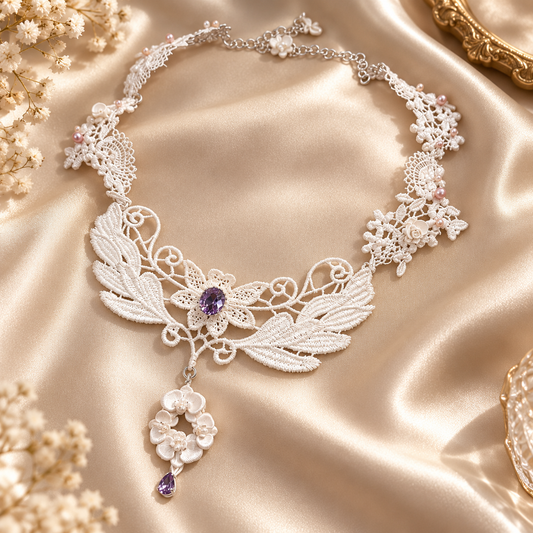 Dwellaroq® White Lace Floral Purple Crystal Statement Necklace for Women