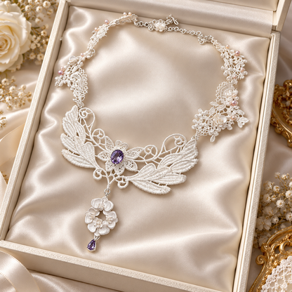 Dwellaroq® White Lace Floral Purple Crystal Statement Necklace for Women