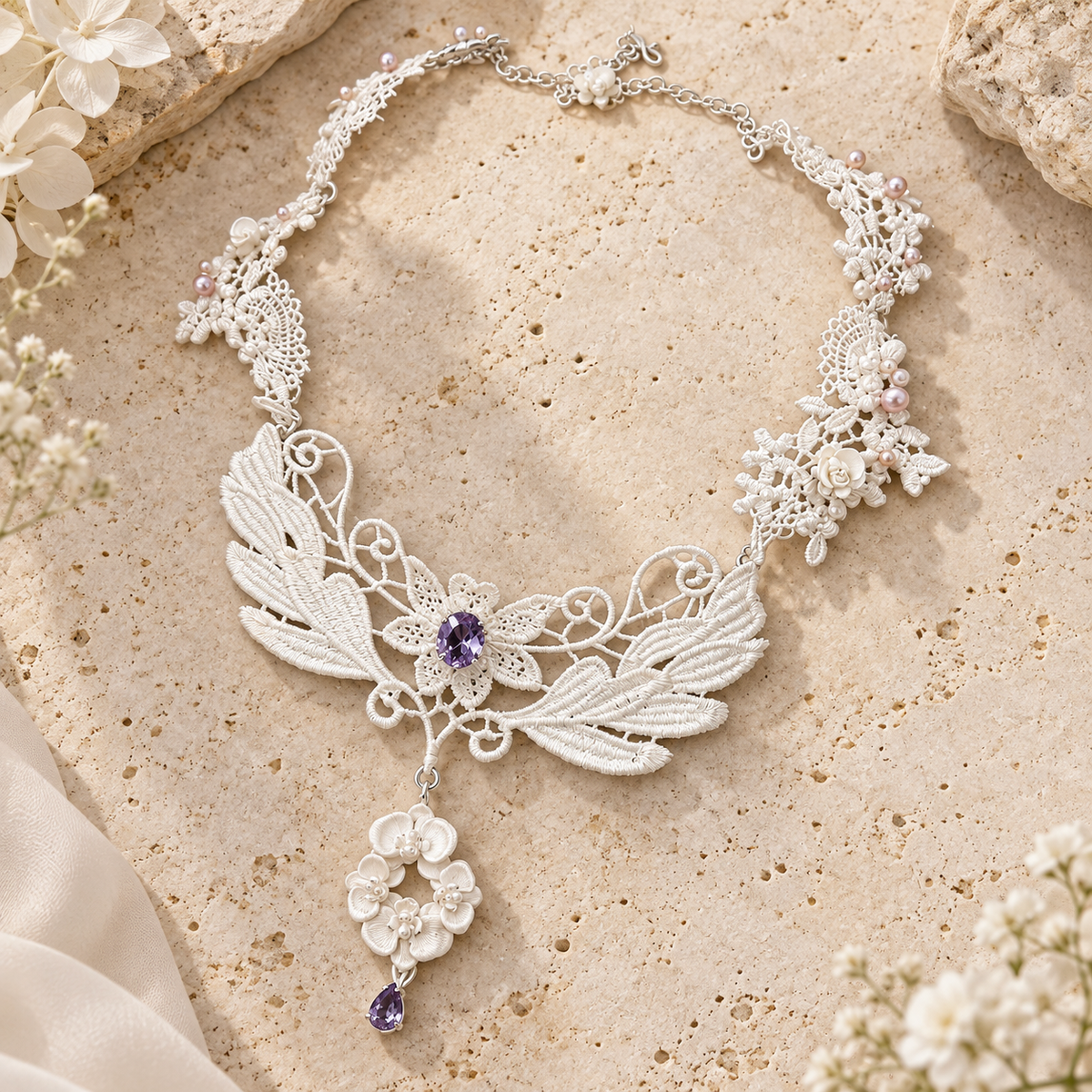 Dwellaroq® White Lace Floral Purple Crystal Statement Necklace for Women