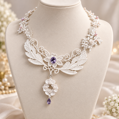 Dwellaroq® White Lace Floral Purple Crystal Statement Necklace for Women