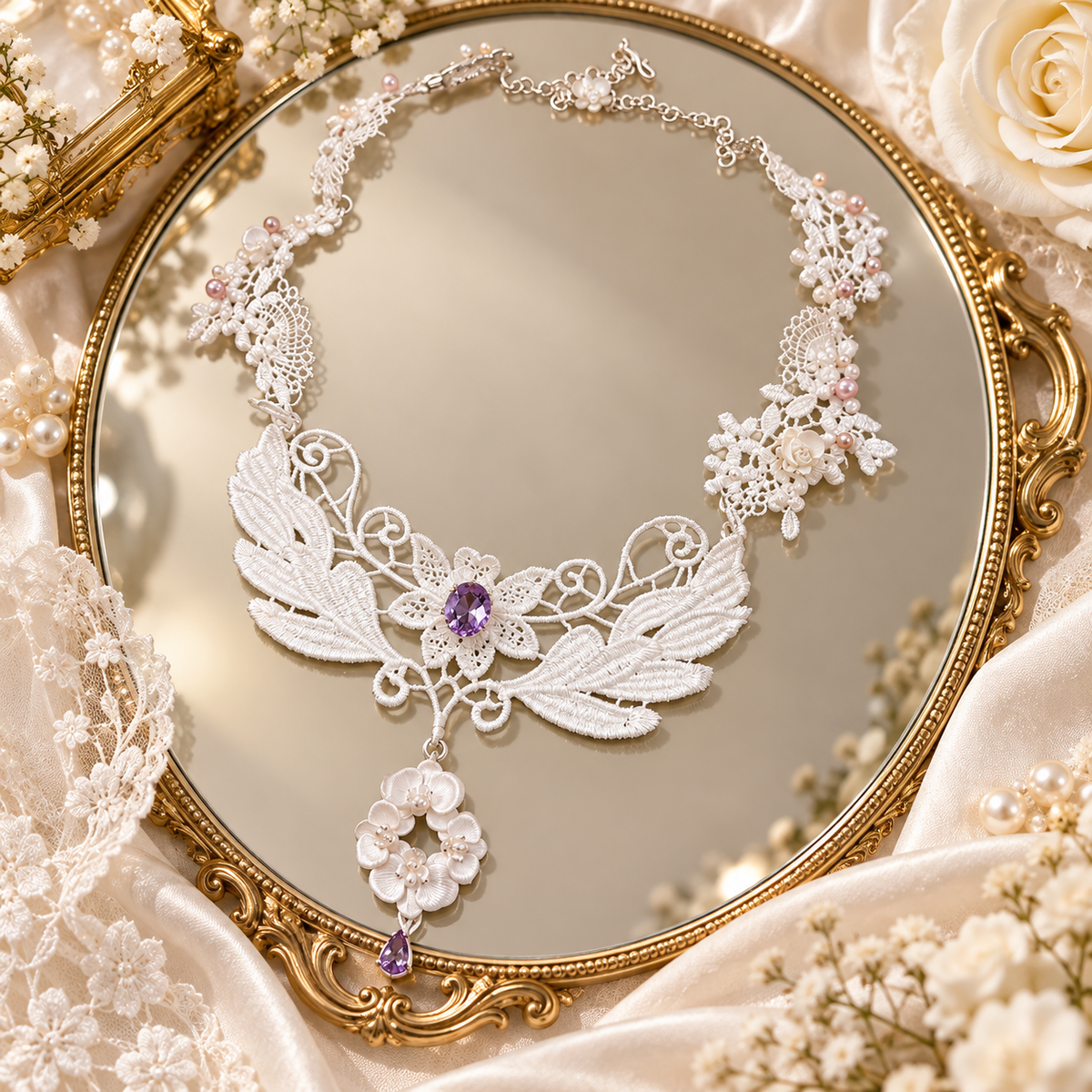Dwellaroq® White Lace Floral Purple Crystal Statement Necklace for Women