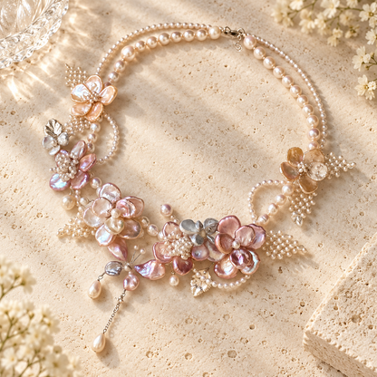 Dwellaroq® Pink Floral Pearl Statement Necklace for Women