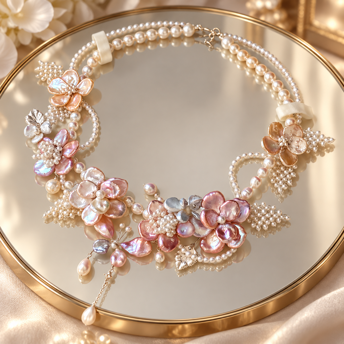 Dwellaroq® Pink Floral Pearl Statement Necklace for Women