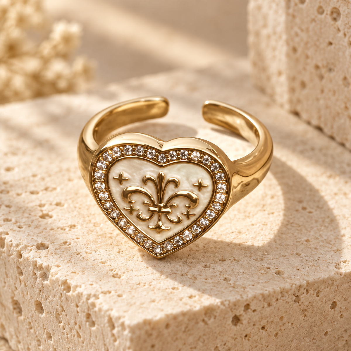 Dwellaroq® Gold Heart Fleur-de-Lis Statement Ring for Women