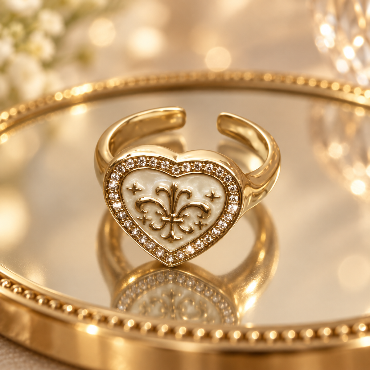 Dwellaroq® Gold Heart Fleur-de-Lis Statement Ring for Women