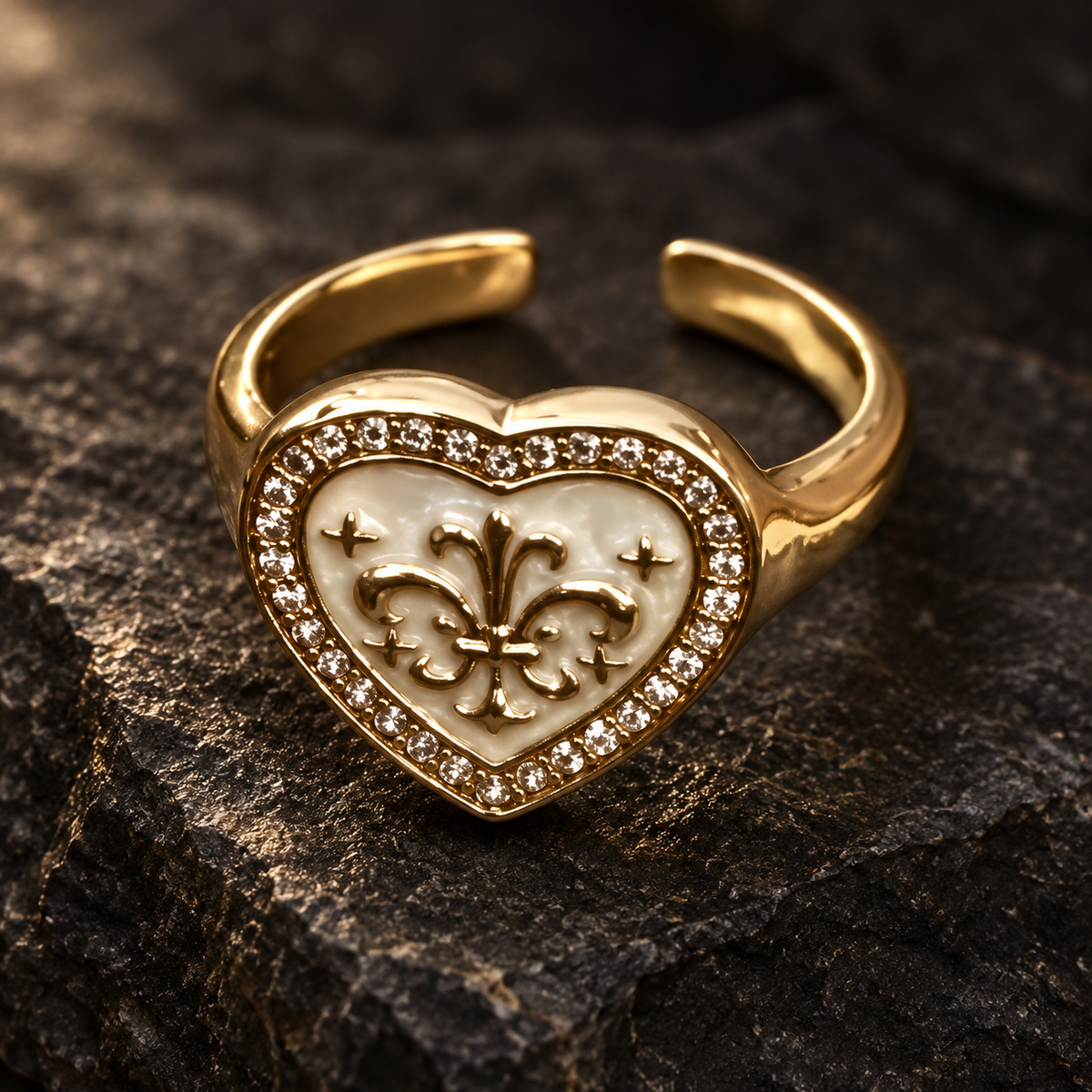 Dwellaroq® Gold Heart Fleur-de-Lis Statement Ring for Women