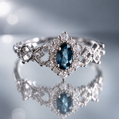Dwellaroq® Blue Oval Crystal Halo Ring for Women