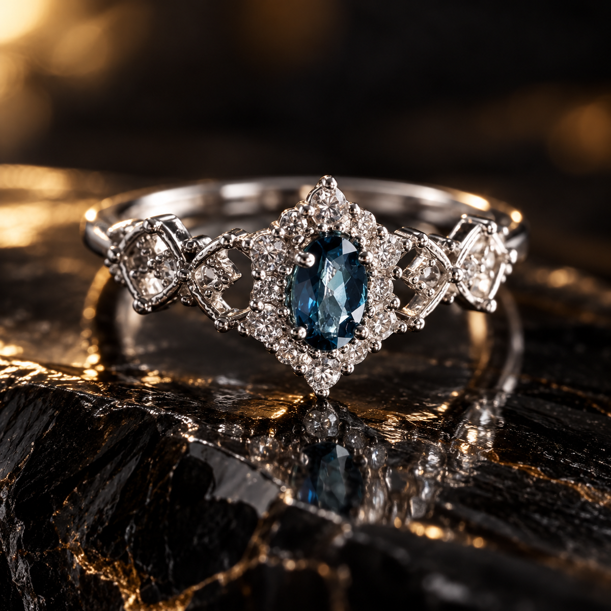 Dwellaroq® Blue Oval Crystal Halo Ring for Women