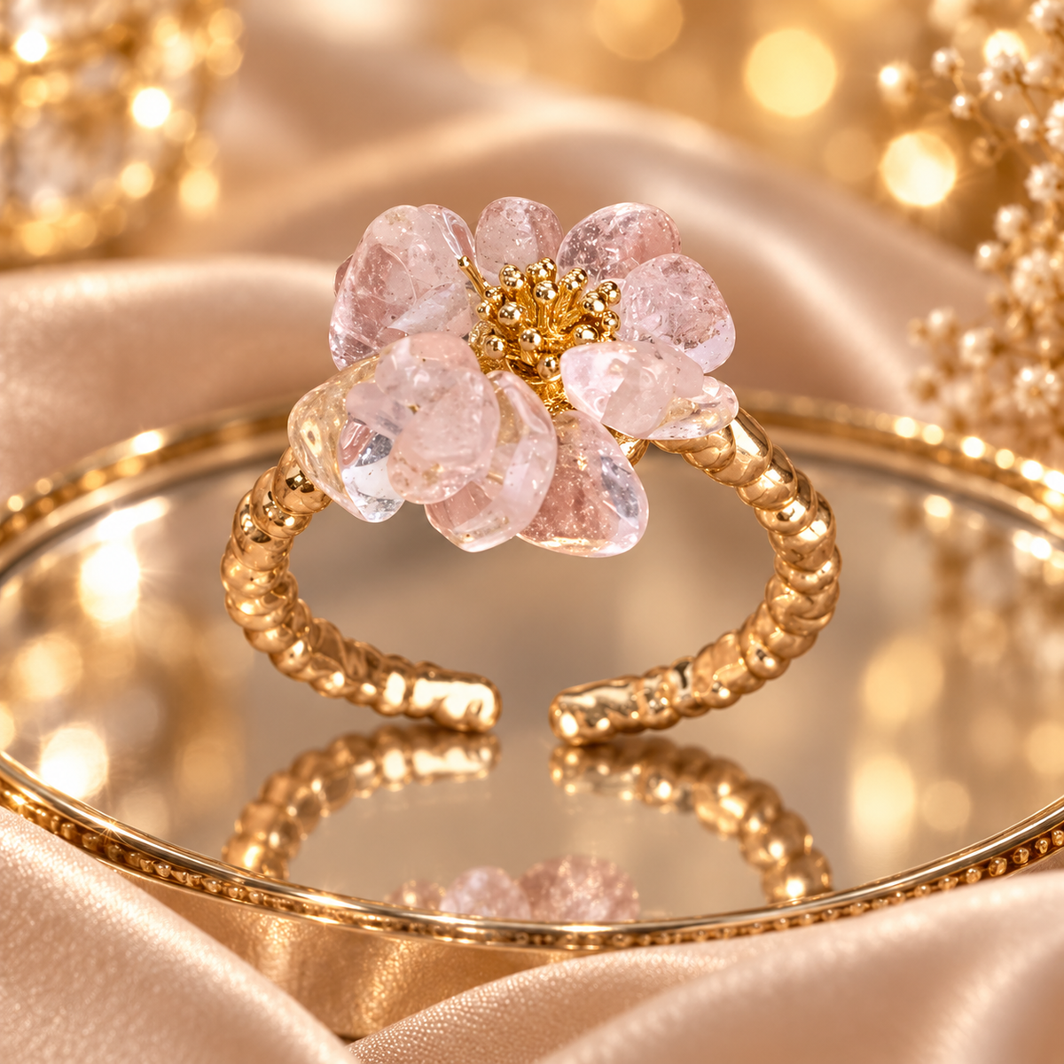 Dwellaroq® Pink Crystal Flower Open Ring for Women
