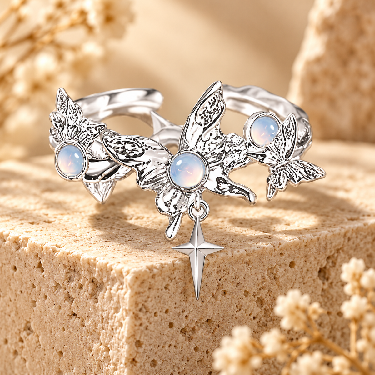 Dwellaroq® Butterfly Moonstone Open Ring for Women