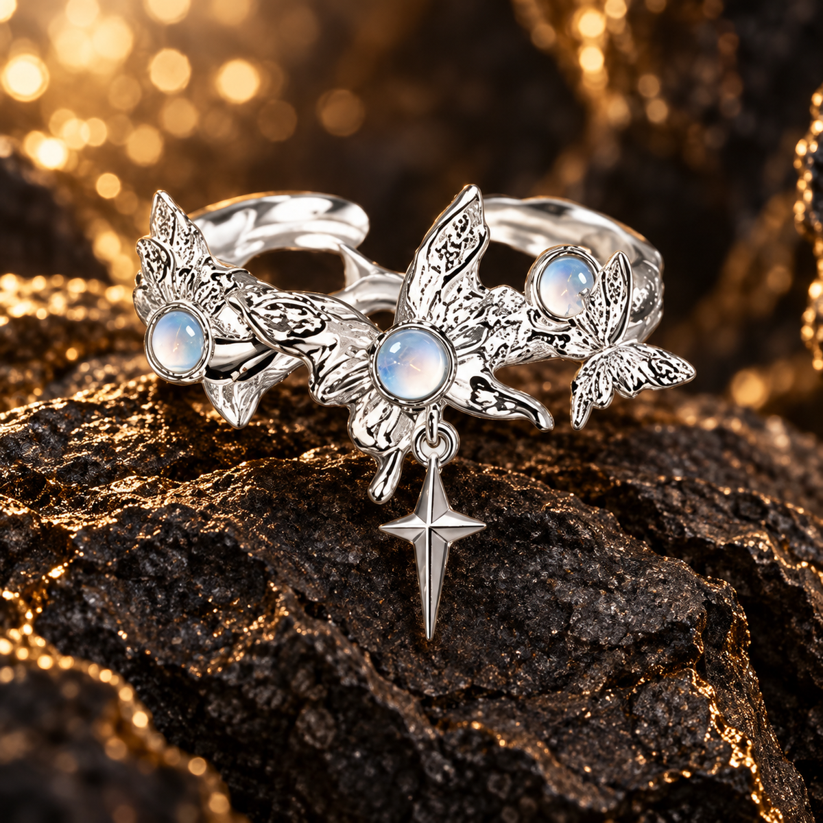 Dwellaroq® Butterfly Moonstone Open Ring for Women